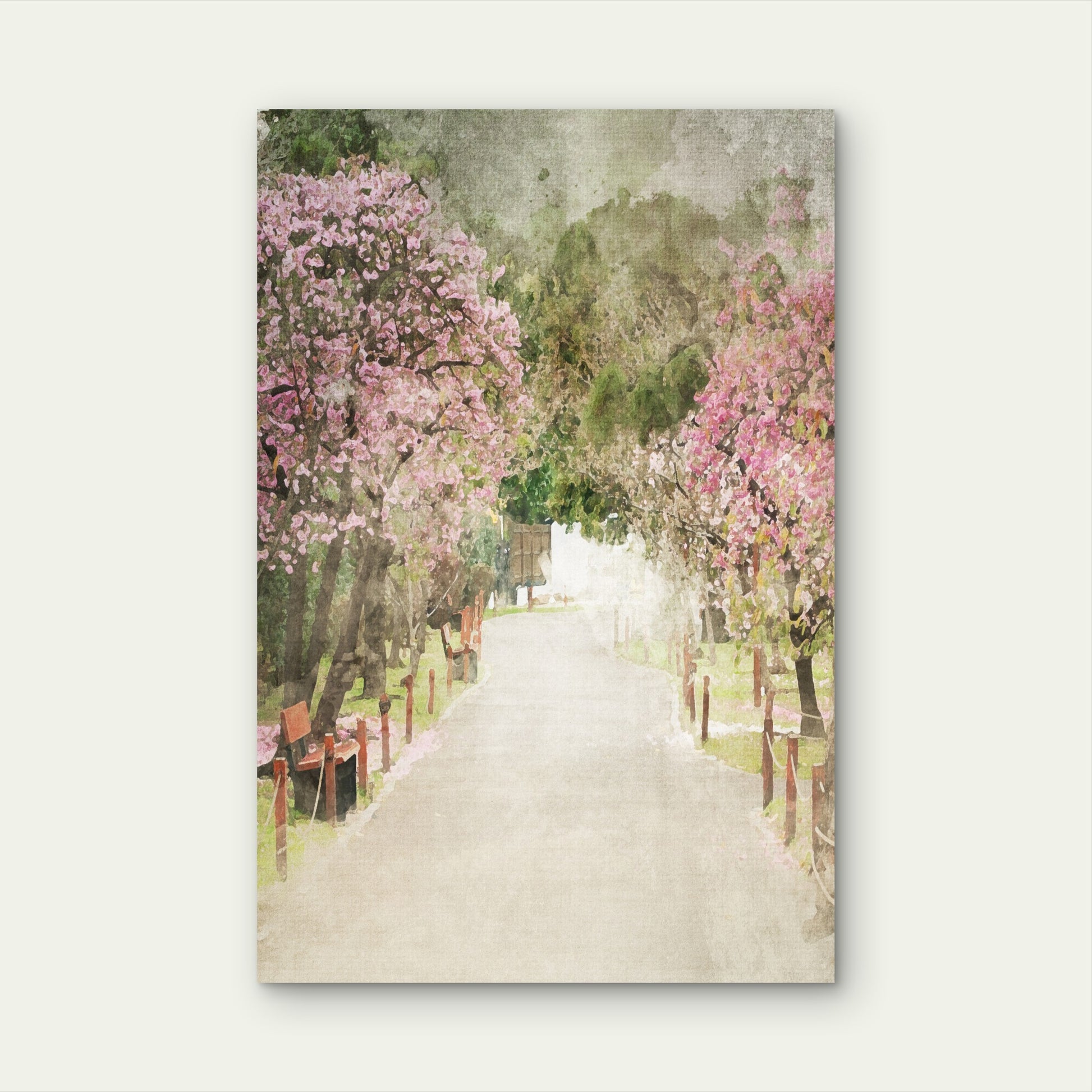 Pink Cherry Blossom Park Path 60x90cm Metal Print Ready to Hang - Bella Home Decor
