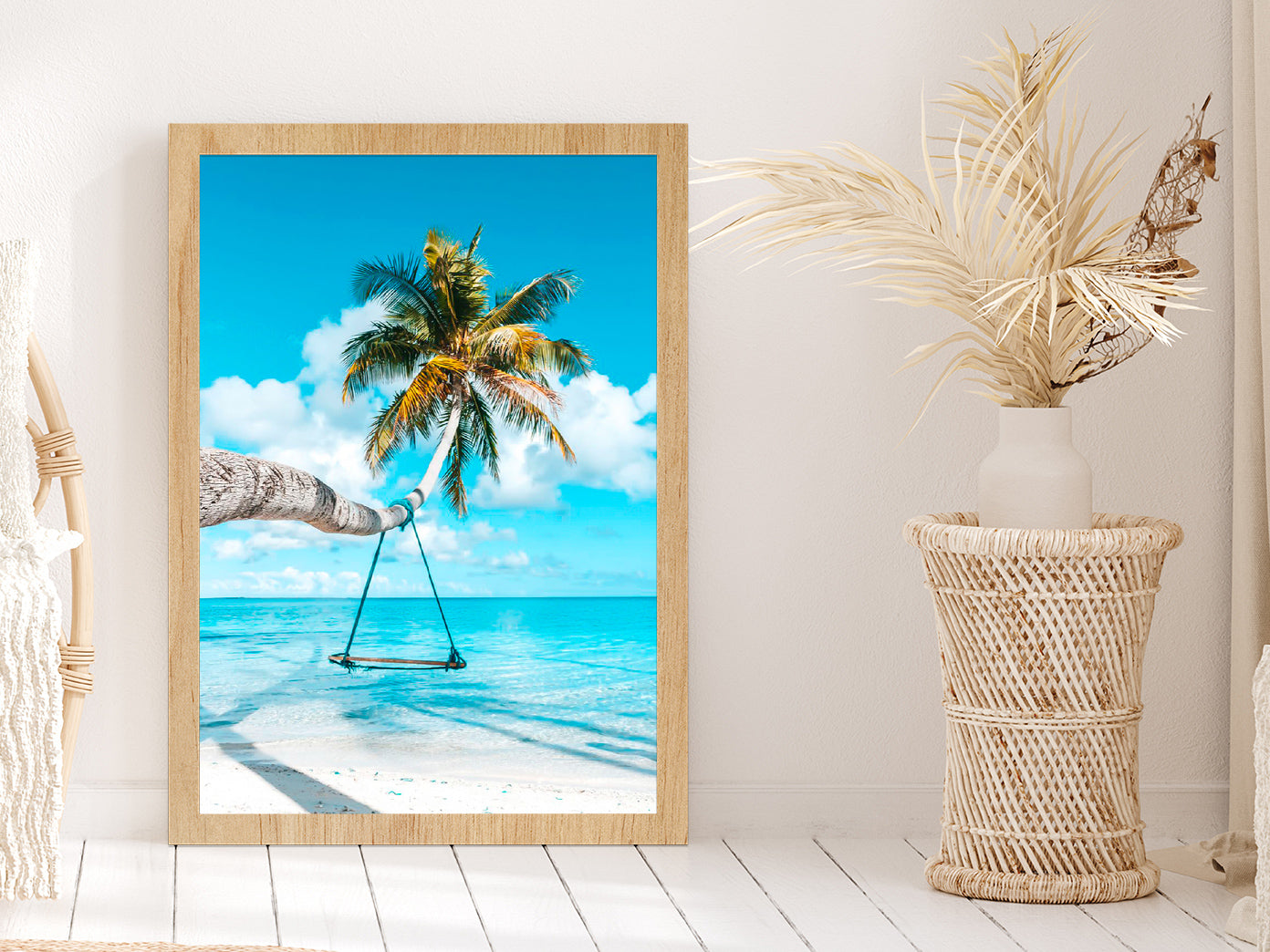 Coconut Tree Beach Swing View Photograph Glass Framed Wall Art, Ready to Hang Quality Print Without White Border Oak