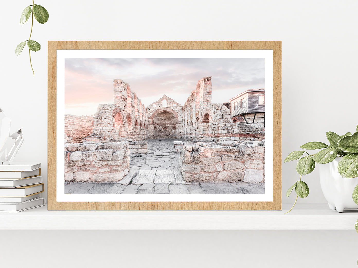 Ancient Building Faded View Photograph Glass Framed Wall Art, Ready to Hang Quality Print With White Border Oak