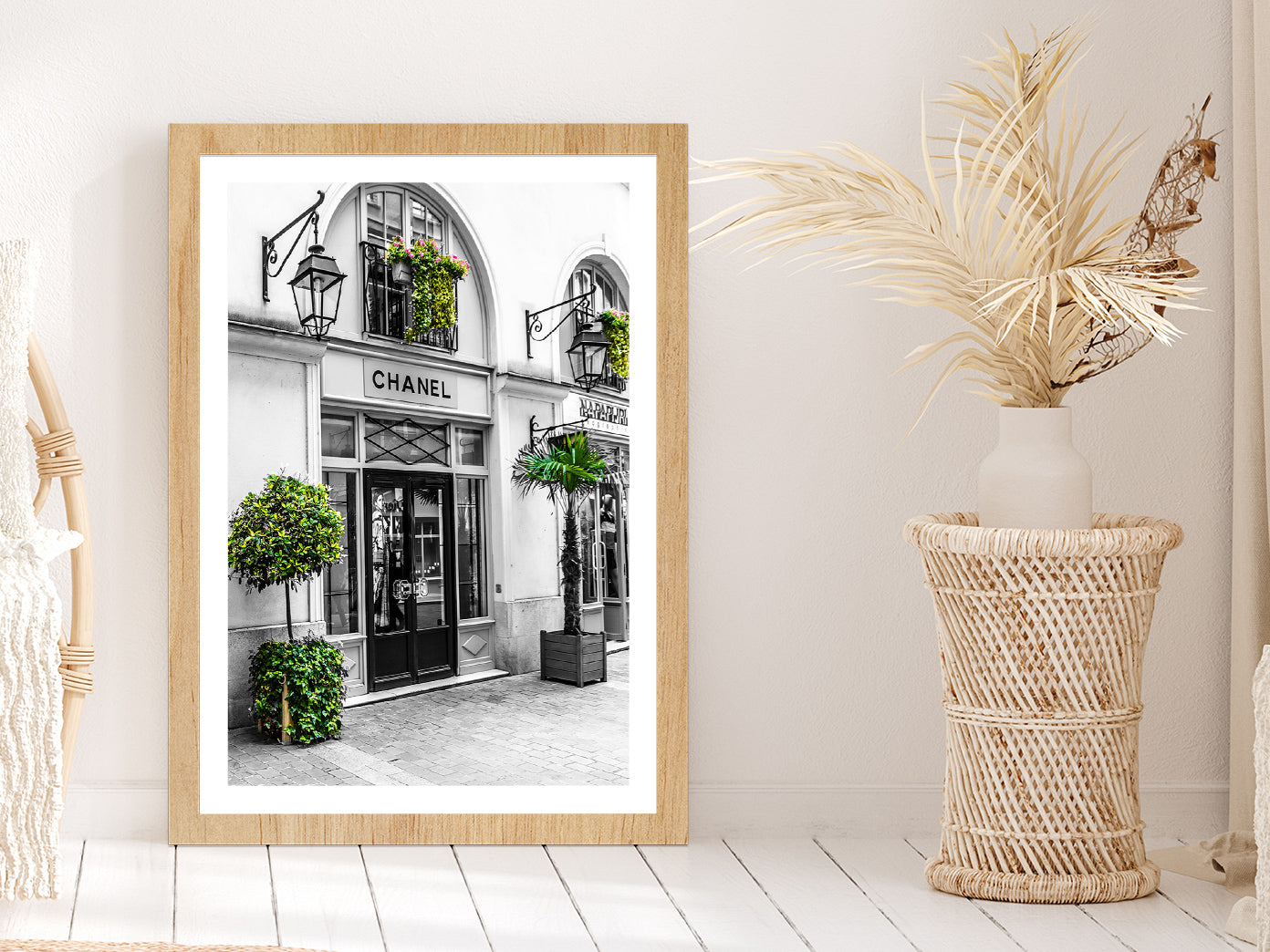 Fashion Store & Trees View Photograph Glass Framed Wall Art, Ready to Hang Quality Print With White Border Oak