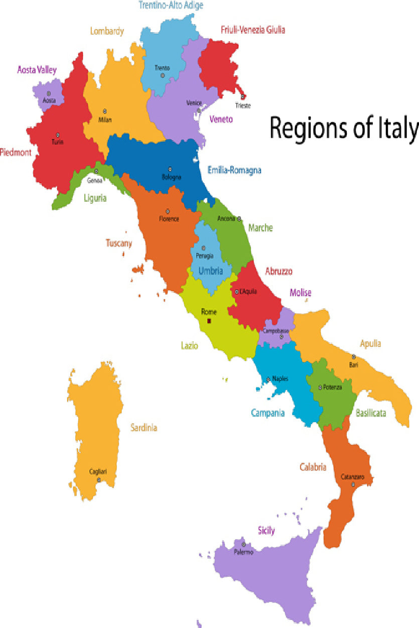 Italy Map with Regions and Main Cities Home Decor Premium Quality Poster Print Choose Your Sizes