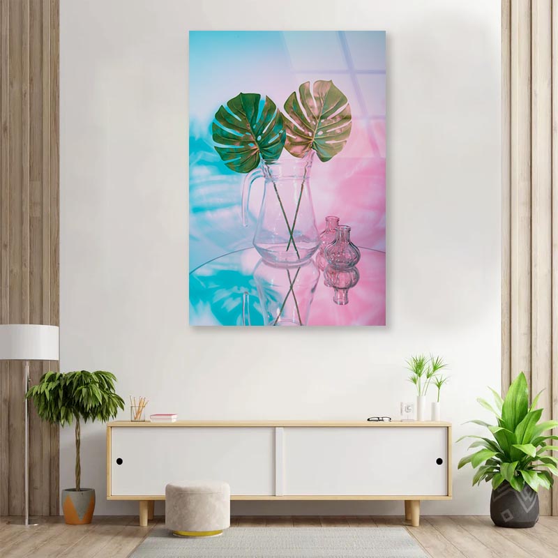 Two Green Leaves in A Clear Vase on A Table Portrait Photograph Acrylic Glass Print Tempered Glass Wall Art 100% Made in Australia Ready to Hang - Bella Home Decor