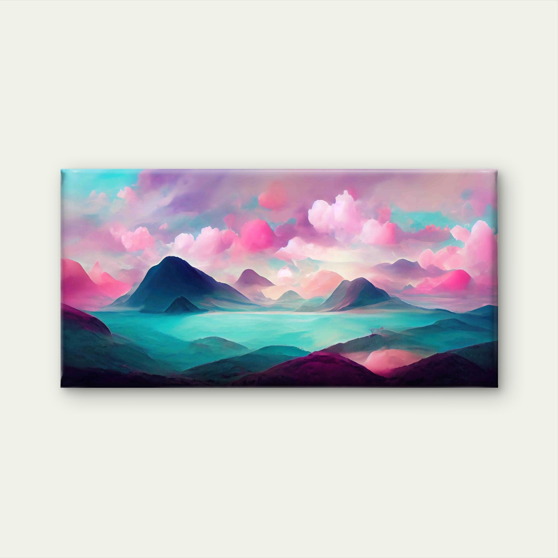Pastel Pink Mountain Lake View Wall Art Canvas Office Home Room Framed 120x60 cm - Bella Home Decor
