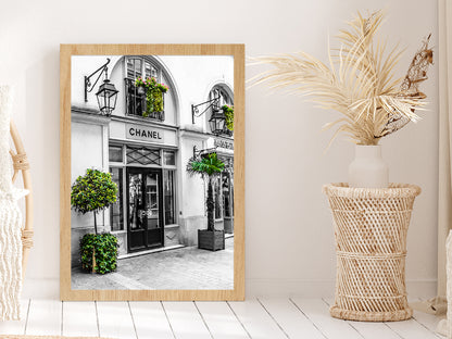 Fashion Store & Trees View Photograph Glass Framed Wall Art, Ready to Hang Quality Print Without White Border Oak