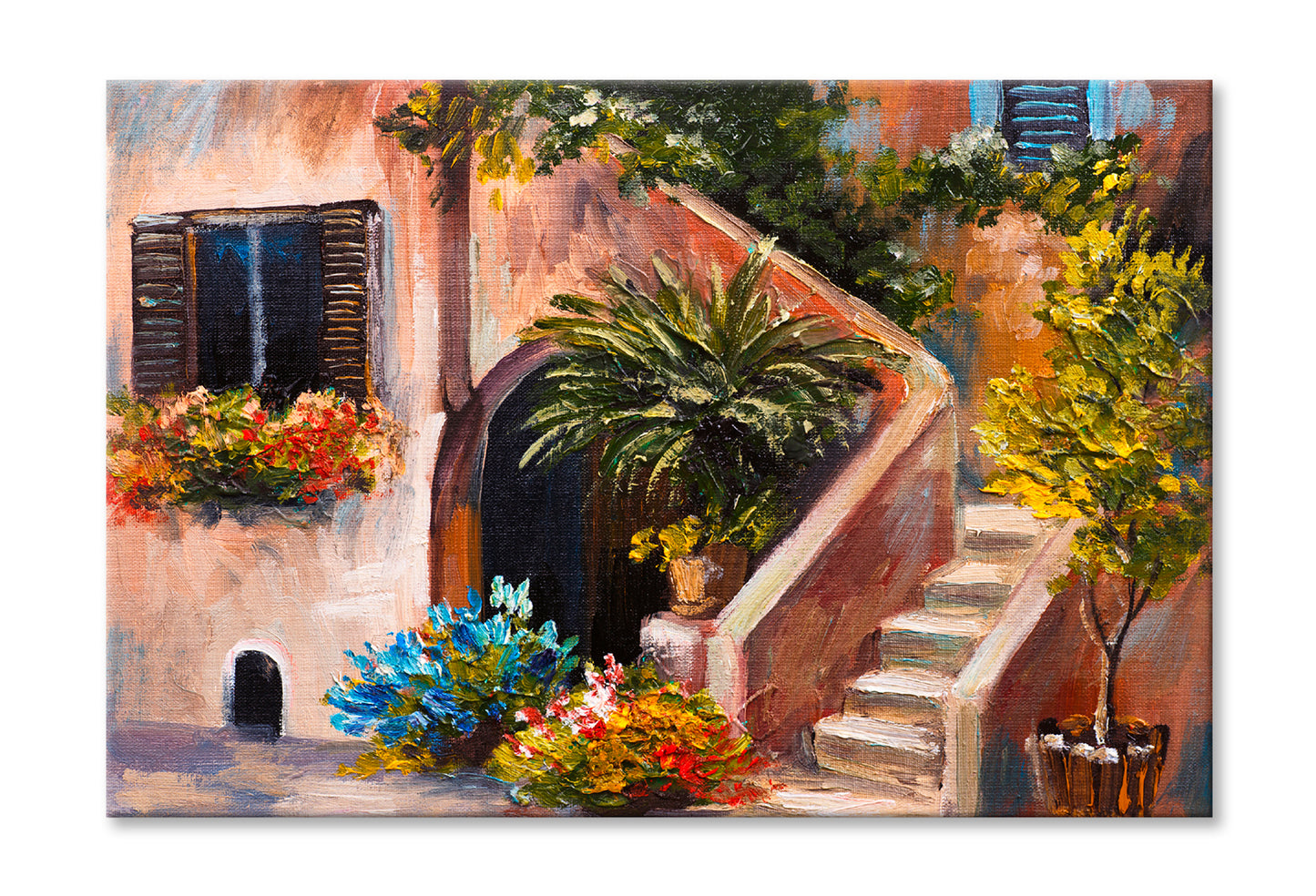 Summer Terrace, Flowers In A Garden, House In Greece Oil Painting Wall Art Limited Edition High Quality Print Stretched Canvas None