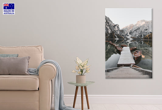 High Angle View Boats Moored by Lake Against Sky Wall Art Decor 100% Australian Made