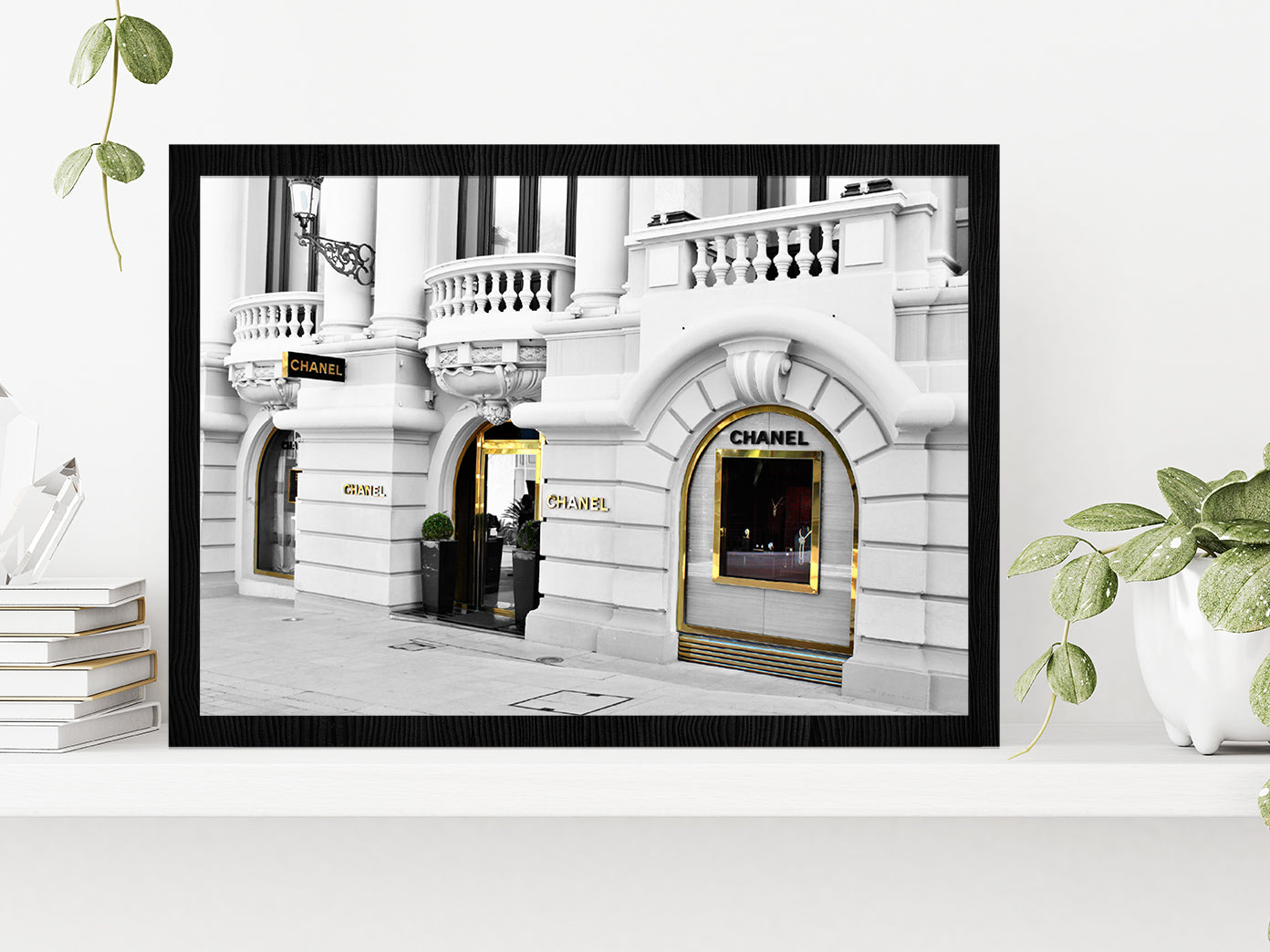 Gold Door B&W Fashion Store View Photograph Glass Framed Wall Art, Ready to Hang Quality Print Without White Border Black