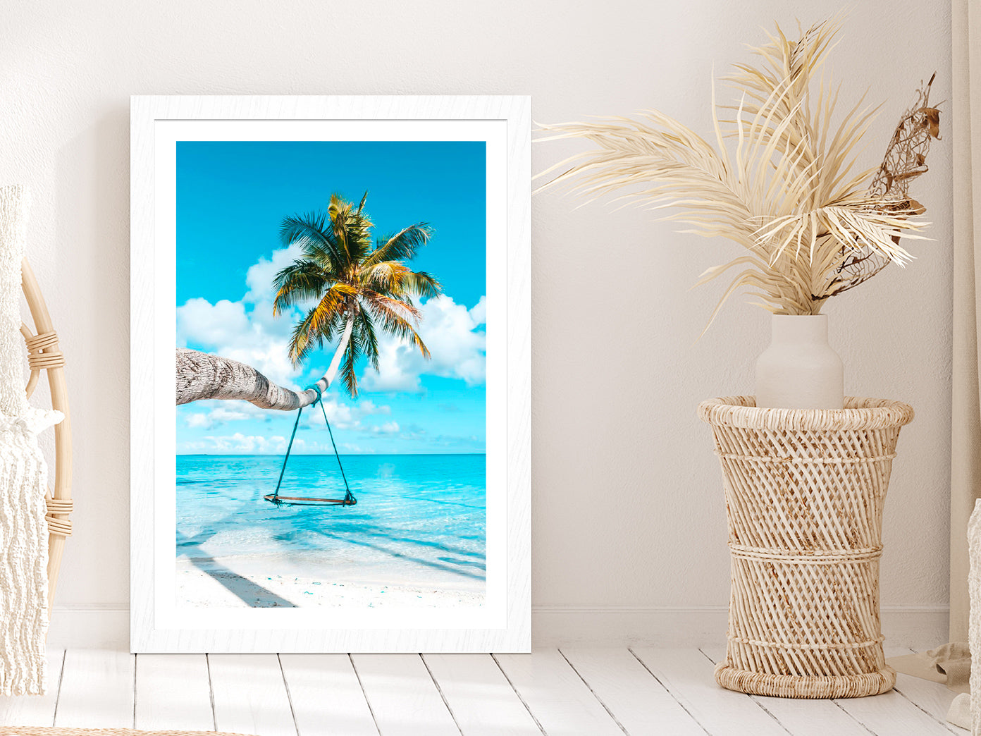 Coconut Tree Beach Swing View Photograph Glass Framed Wall Art, Ready to Hang Quality Print With White Border White