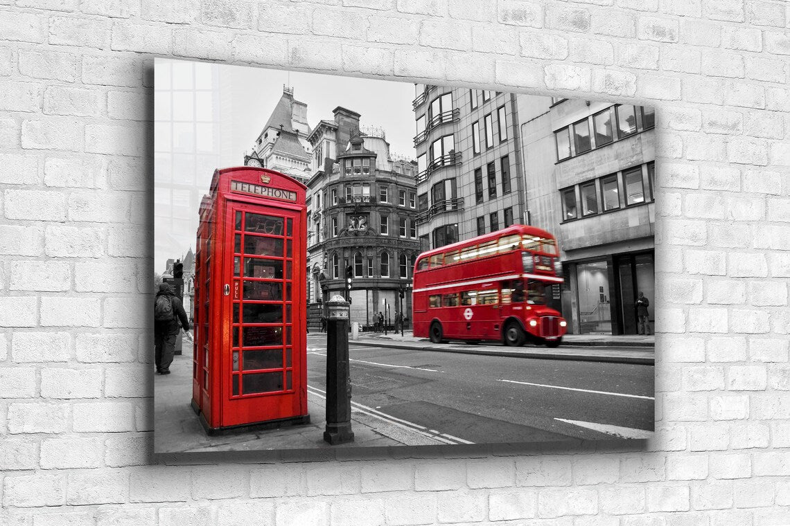 Red Bus Booth B&W City UV Direct Aluminum Print Australian Made Quality