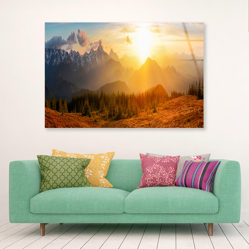 Mountain & Forest Sunset Sky View  Acrylic Glass Print Tempered Glass Wall Art 100% Made in Australia Ready to Hang