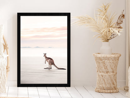 Kangaroo near Sea Faded Photograph Glass Framed Wall Art, Ready to Hang Quality Print Without White Border Black