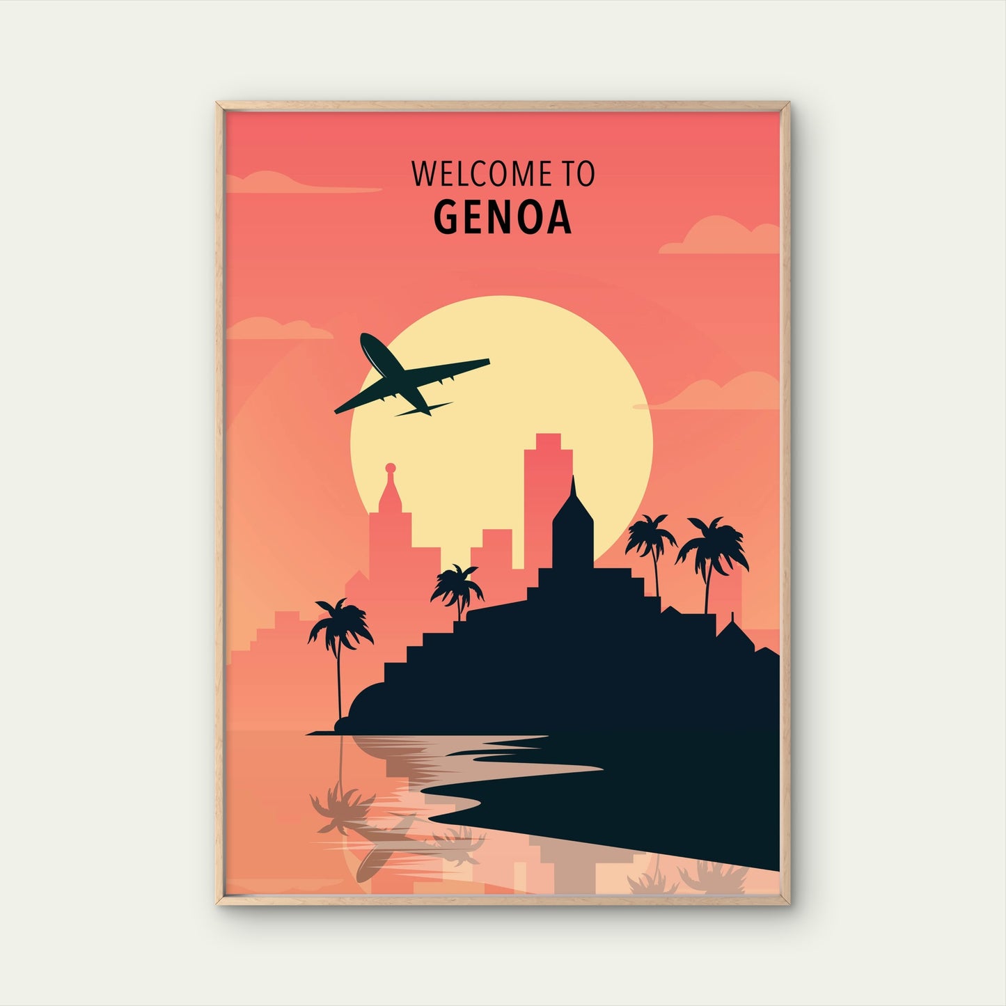 Retro City Skyline Plane Shore Welcome to Genoa Italy Travel Poster Print Wall Art