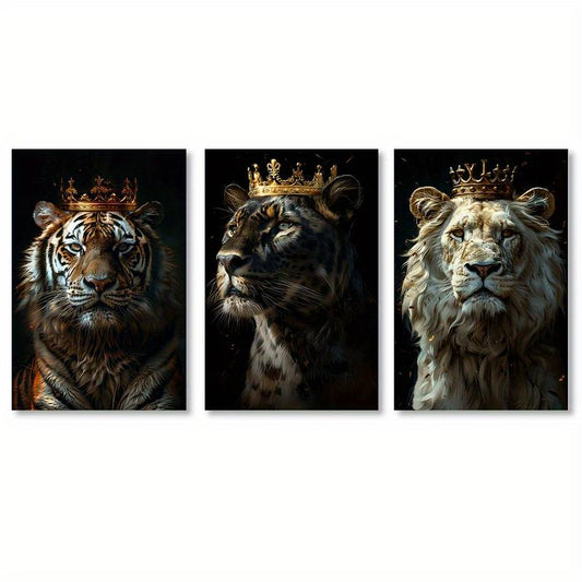 3pcs Royal Lion Leopard Tiger King Framed 50x70cm - High Quality Print 100% Australian Made Wall Canvas Ready to Hang