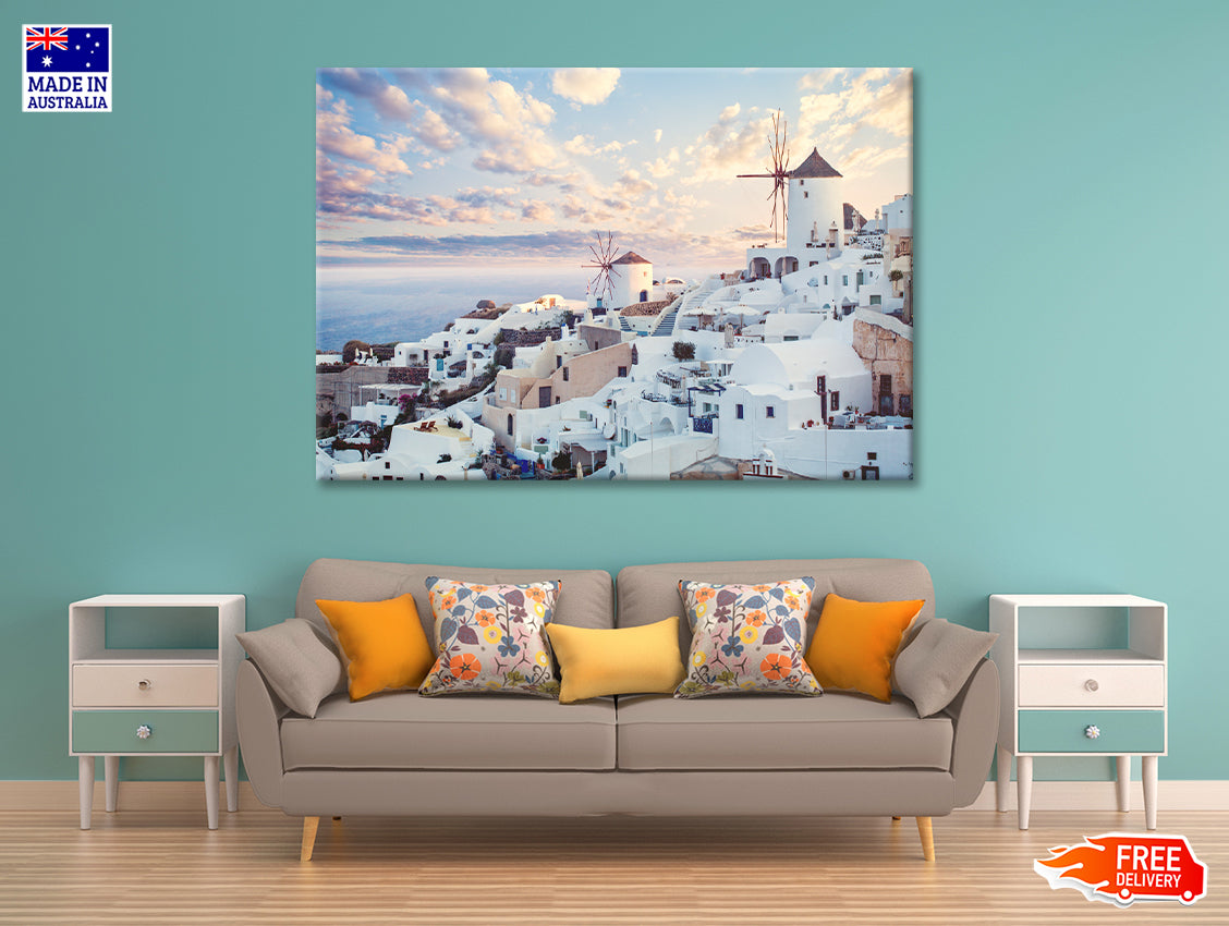 Wind Mills in Oia Town and Clouds Print 100% Australian Made - Bella Home Decor