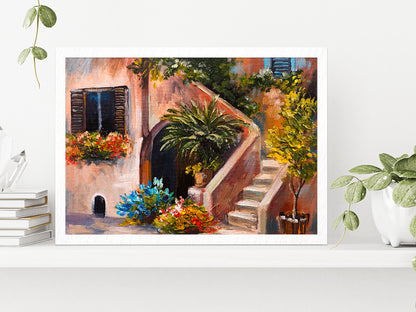 Summer Terrace, Flowers In A Garden, House In Greece Glass Framed Wall Art, Ready to Hang Quality Print Without White Border White