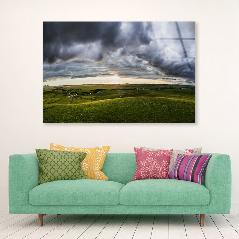 A Large Green Grassland with Clouds in the Sky Acrylic Glass Print Tempered Glass Wall Art 100% Made in Australia Ready to Hang