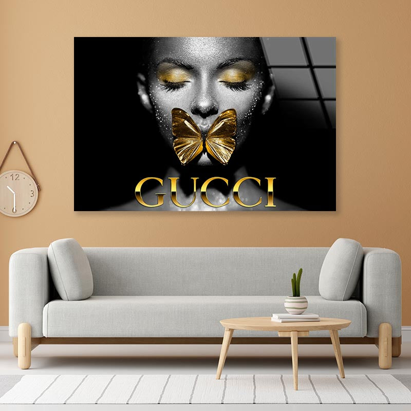 Lady With Gold Butterfly Acrylic Glass Print Tempered Glass Wall Art 100% Made in Australia Ready to Hang