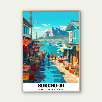 Sokchon Market Korean Coastal Cityscape Mountains & Harbour Travel Poster Print Wall Art