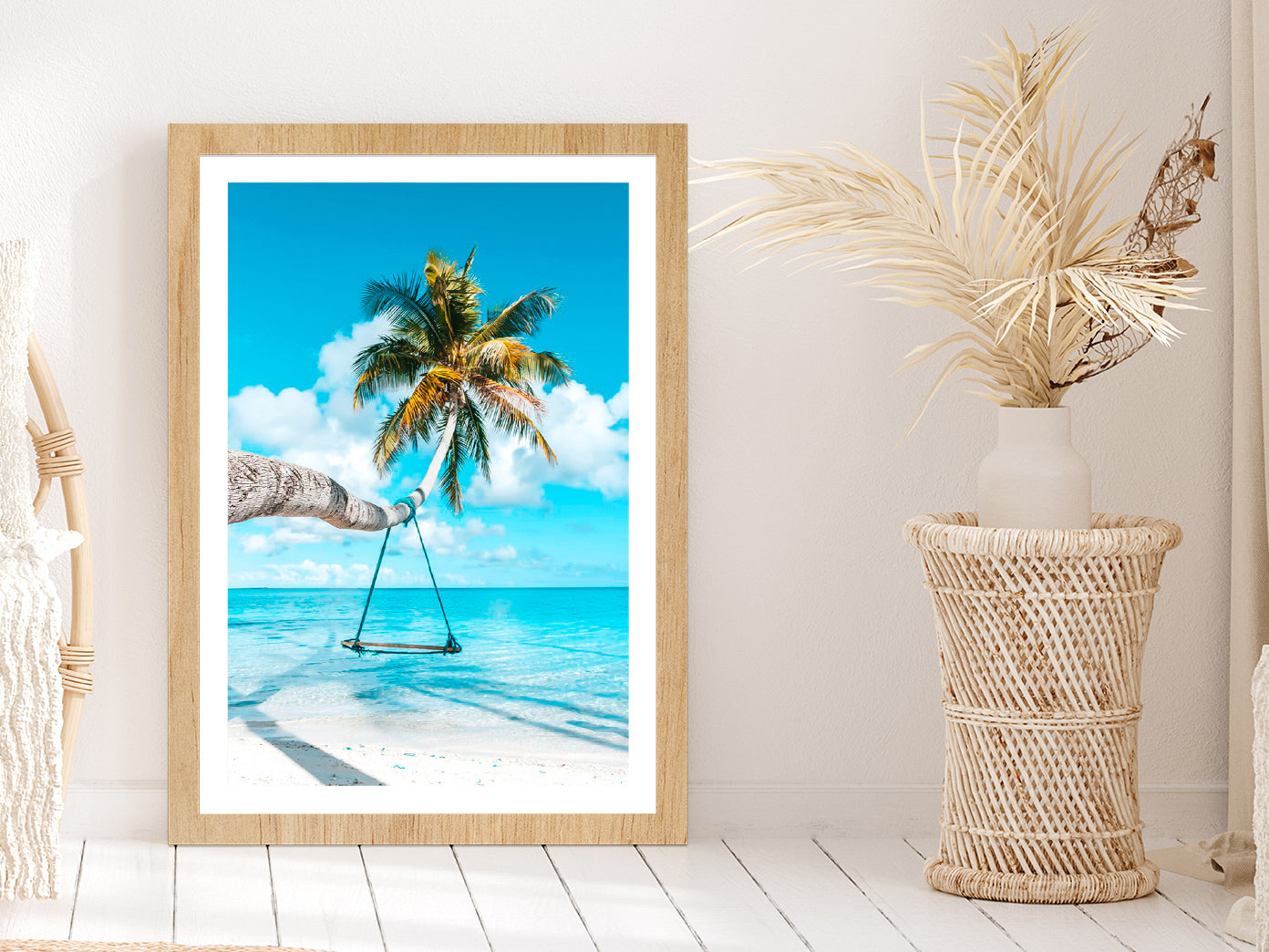 Coconut Tree Beach Swing View Photograph Glass Framed Wall Art, Ready to Hang Quality Print With White Border Oak