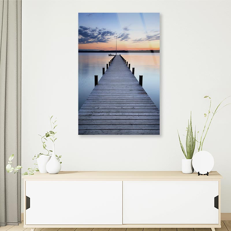 Wooden Pier On Lake & Sunset Sky View Portrait Photograph Acrylic Glass Print Tempered Glass Wall Art 100% Made in Australia Ready to Hang