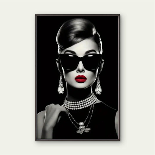 Black & White Woman with Red Lips wearing Jewellery Necklace Fashion Home Decor Premium Quality Poster Print Choose Your Sizes