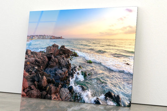 View of Ocean at Sunset with Rocks Acrylic Glass Print Tempered Glass Wall Art 100% Made in Australia Ready to Hang