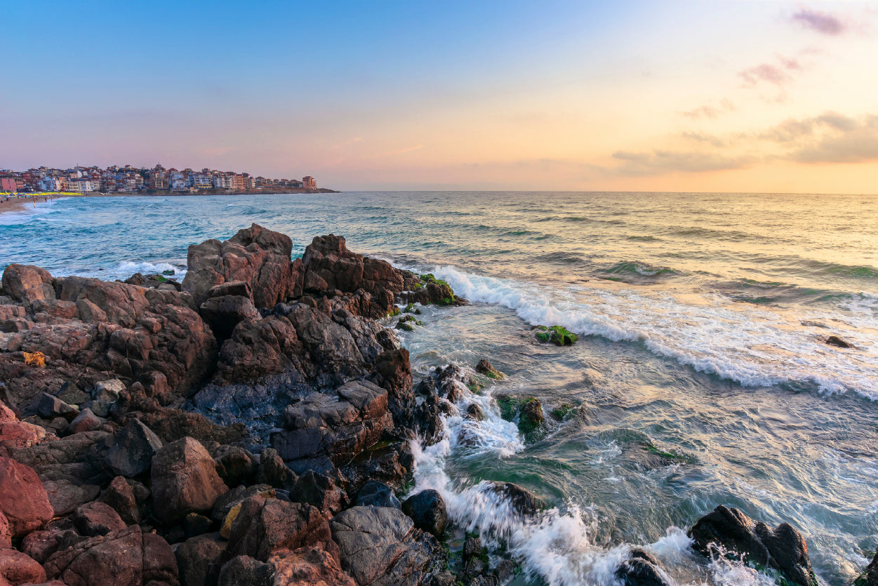 View of Ocean at Sunset with Rocks Home Decor Premium Quality Poster Print Choose Your Sizes