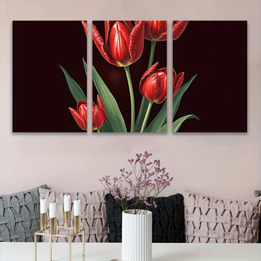 3pcs Red Tulip Artwork Abstract Floral Wall Art Set Canvas Framed 60x90cm - High Quality Print 100% Australian Made Wall Canvas Ready to Hang
