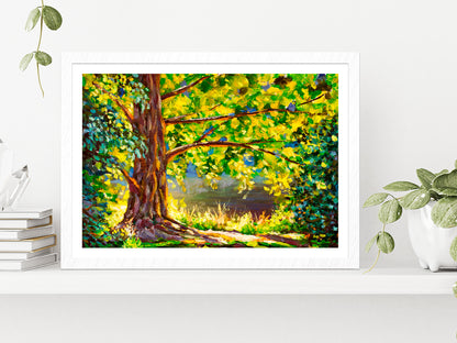 A Large Tree Lit By Sun & Sunny Forest Glass Framed Wall Art, Ready to Hang Quality Print With White Border White