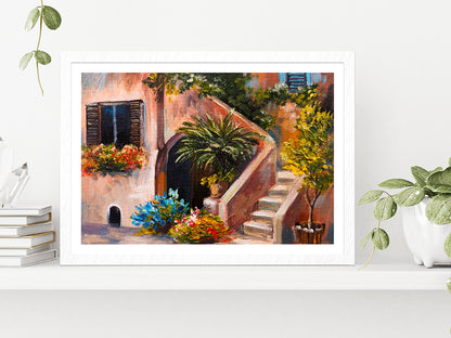 Summer Terrace, Flowers In A Garden, House In Greece Glass Framed Wall Art, Ready to Hang Quality Print With White Border White