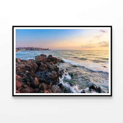 View of Ocean at Sunset with Rocks Home Decor Premium Quality Poster Print Choose Your Sizes