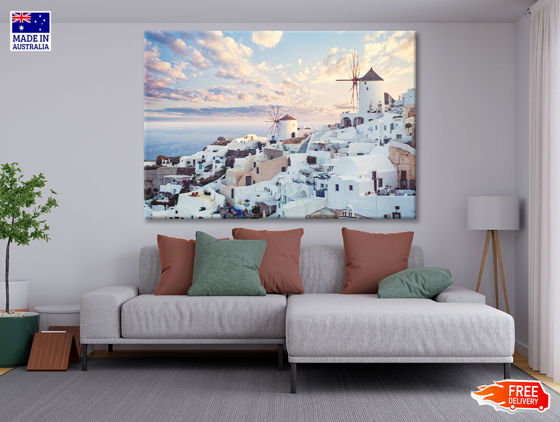Wind Mills in Oia Town and Clouds Print 100% Australian Made - Bella Home Decor
