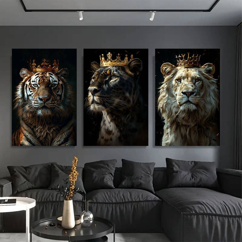 3pcs Royal Lion Leopard Tiger King Wall Art Set Canvas Framed 60x90cm - High Quality Print 100% Australian Made Wall Canvas Ready to Hang - Bella Home Decor