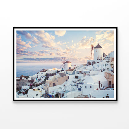 Wind Mills in Oia Town and Clouds Home Decor Premium Quality Poster Print Choose Your Sizes