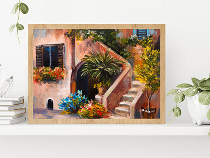 Summer Terrace, Flowers In A Garden, House In Greece Glass Framed Wall Art, Ready to Hang Quality Print Without White Border Oak