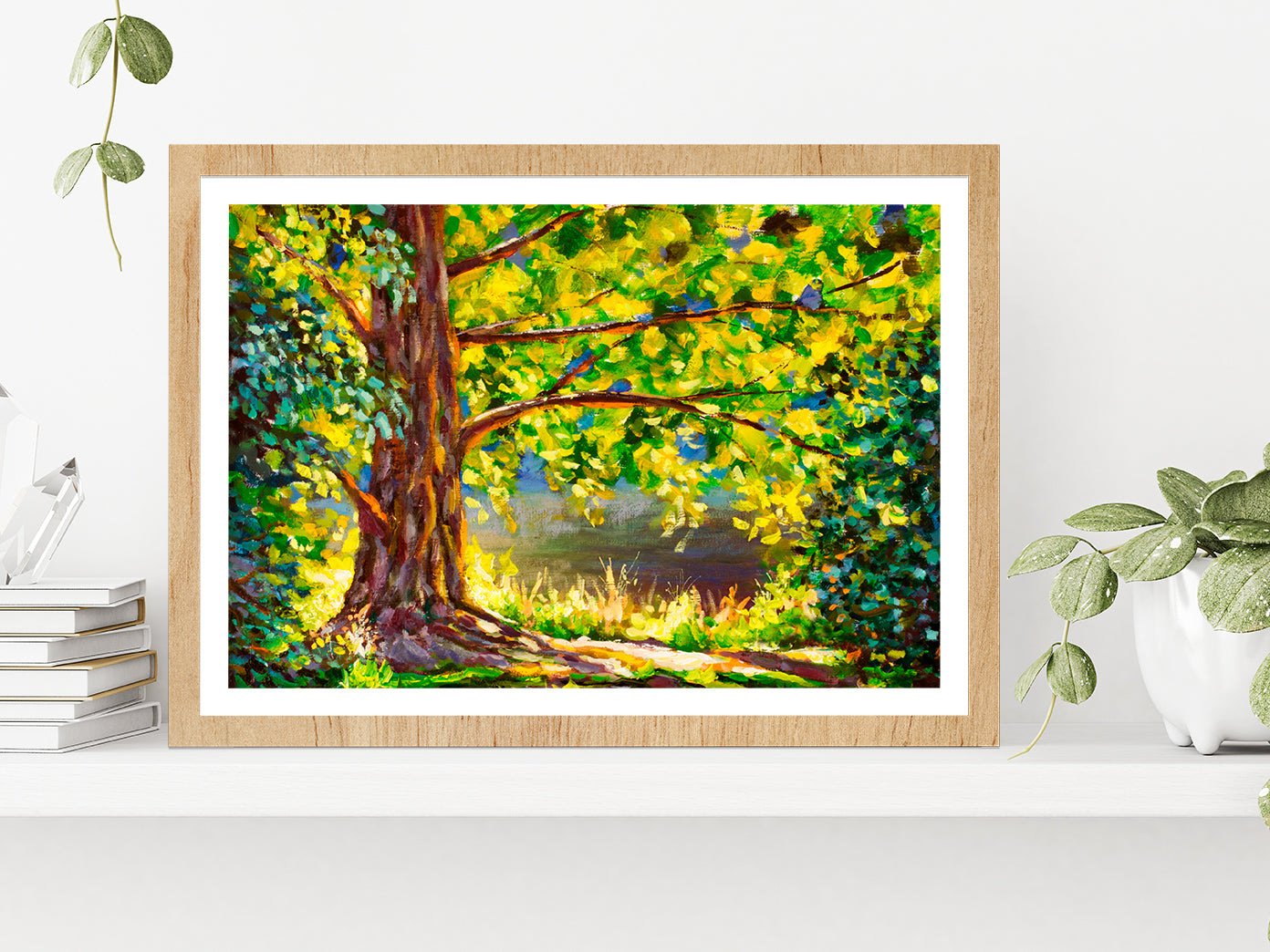 A Large Tree Lit By Sun & Sunny Forest Glass Framed Wall Art, Ready to Hang Quality Print With White Border Oak