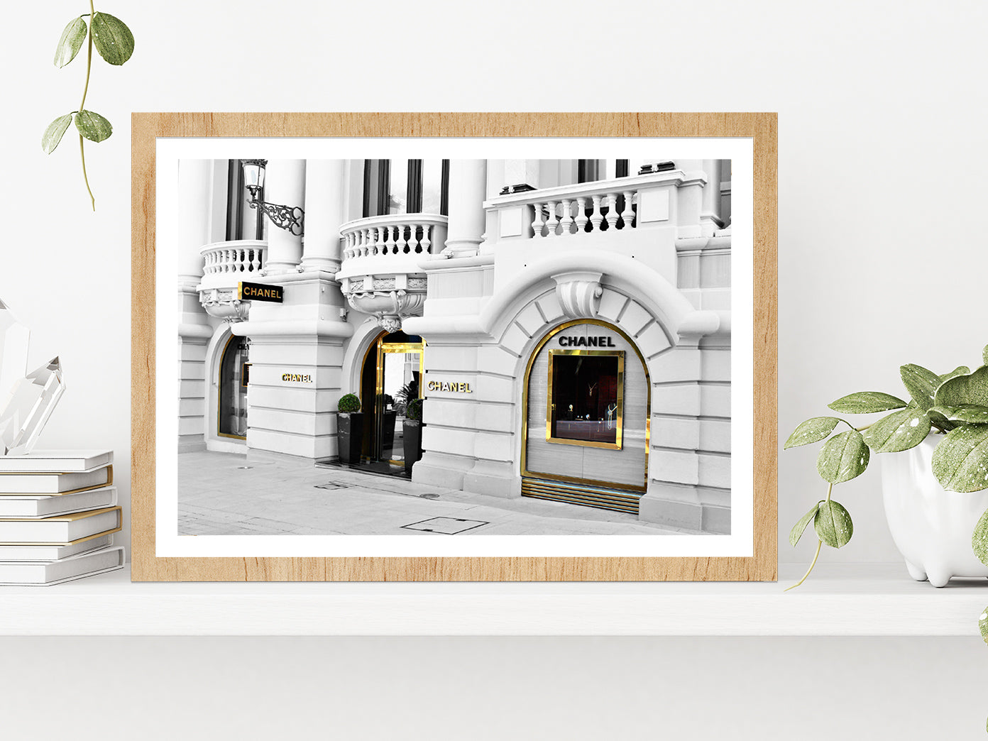 Gold Door B&W Fashion Store View Photograph Glass Framed Wall Art, Ready to Hang Quality Print With White Border Oak