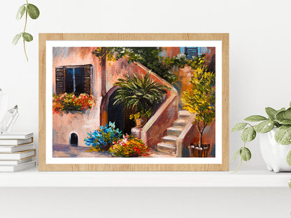 Summer Terrace, Flowers In A Garden, House In Greece Glass Framed Wall Art, Ready to Hang Quality Print With White Border Oak