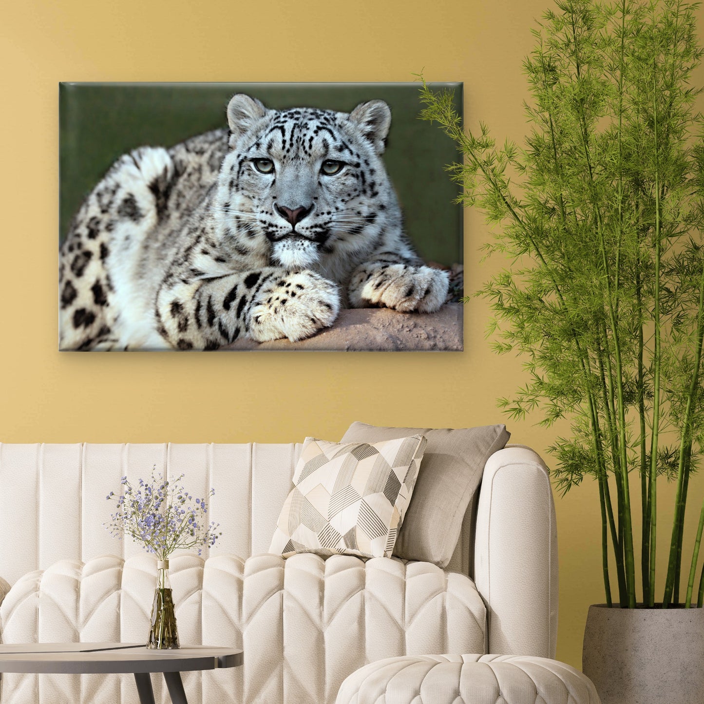 A Solitary Snow Leopard Crouching Atop a High Himalayan Crag Wall Art Decor 100% Australian Made