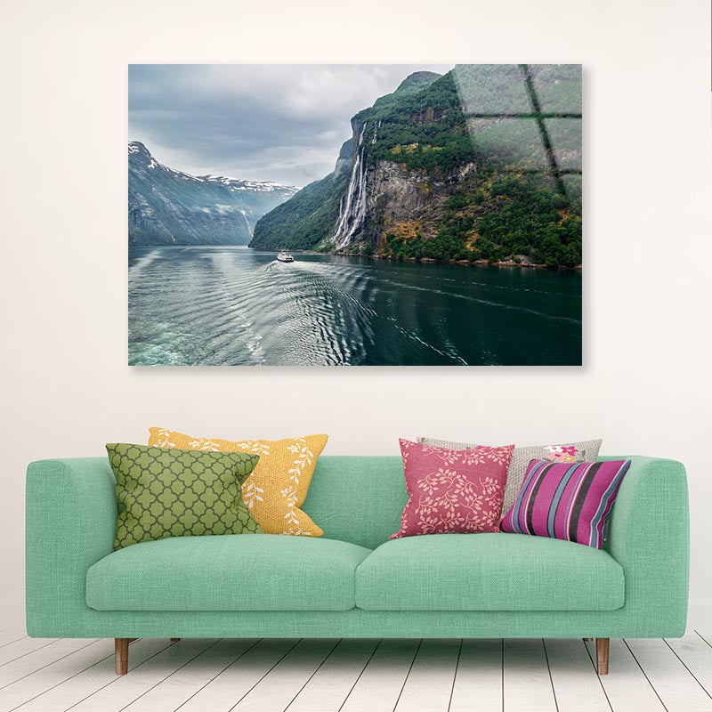 Waterfall On a Fjord Acrylic Glass Print Tempered Glass Wall Art 100% Made in Australia Ready to Hang - Bella Home Decor