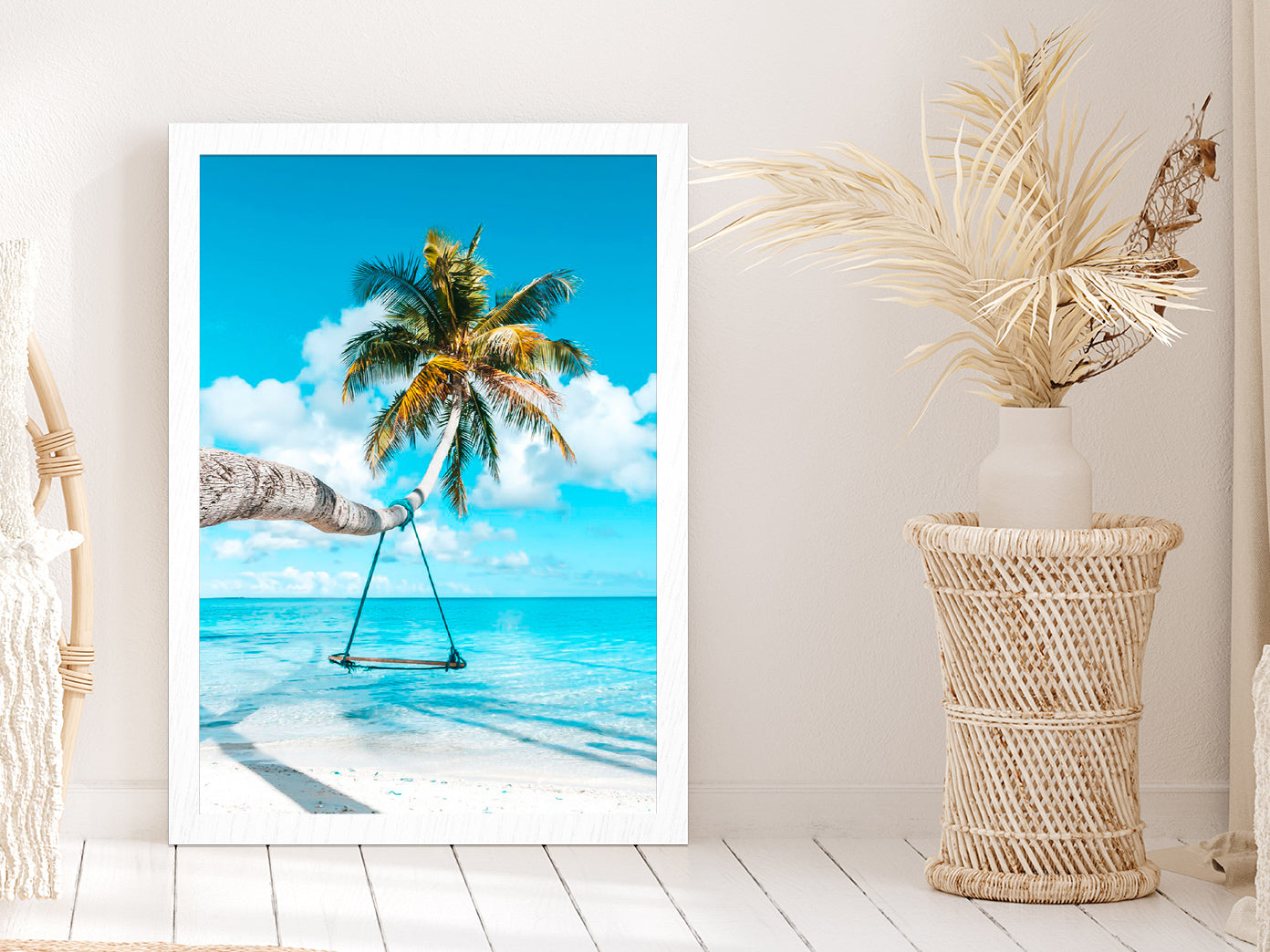 Coconut Tree Beach Swing View Photograph Glass Framed Wall Art, Ready to Hang Quality Print Without White Border White