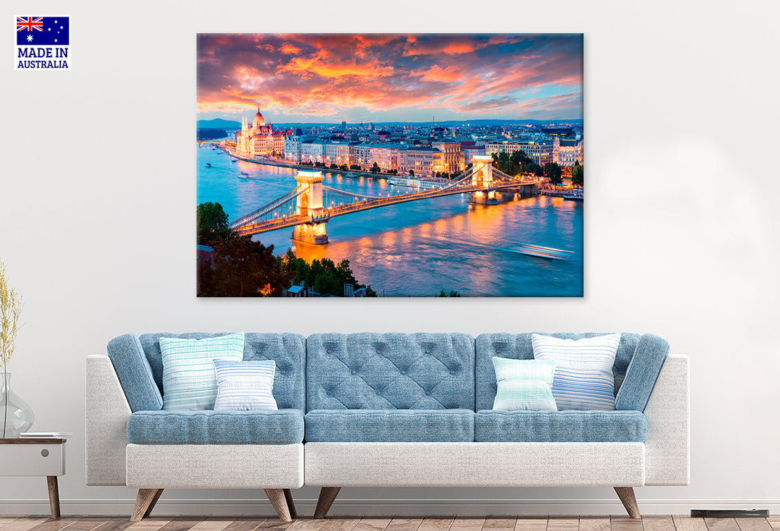 Evening Sunset Parliament Chain Bridge in Pest Hungar Wall Art Decor 100% Australian Made