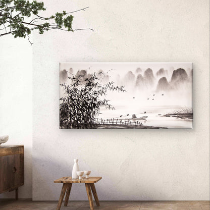 Chinese Ink Wash Bamboo Boat Landscape Painting Wall Art Canvas Office Home Framed 120x60cm