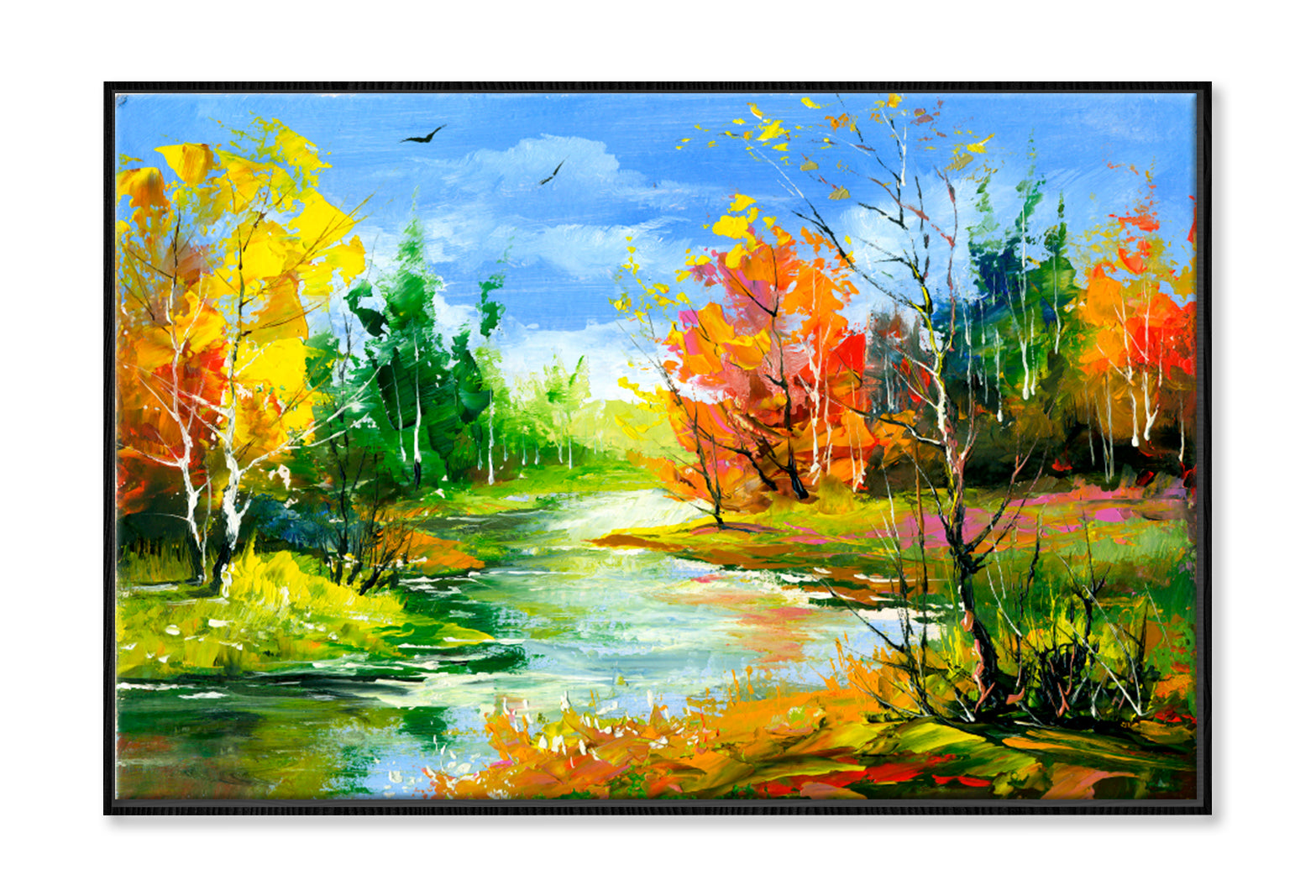 Autumn With The Wood River Oil Painting Wall Art Limited Edition High Quality Print Canvas Box Framed Black