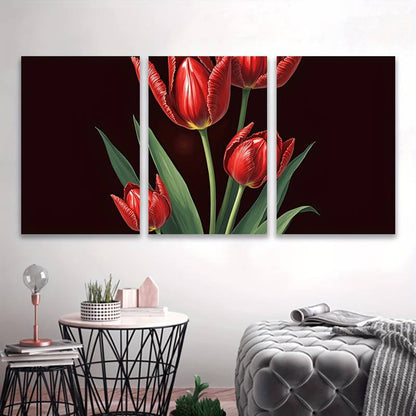 3pcs Red Tulip Artwork Abstract Floral  Metal Print Ready to Hang Art - Bella Home Decor