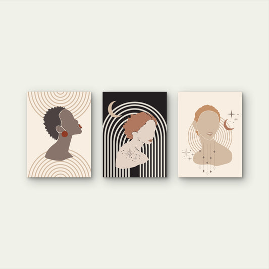 3pcs Minimal Boho Celestial Woman Painting Wall Art Set Canvas Framed 40x60cm - High Quality Print 100% Australian Made Wall Canvas Ready to Hang