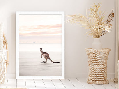 Kangaroo near Sea Faded Photograph Glass Framed Wall Art, Ready to Hang Quality Print Without White Border White