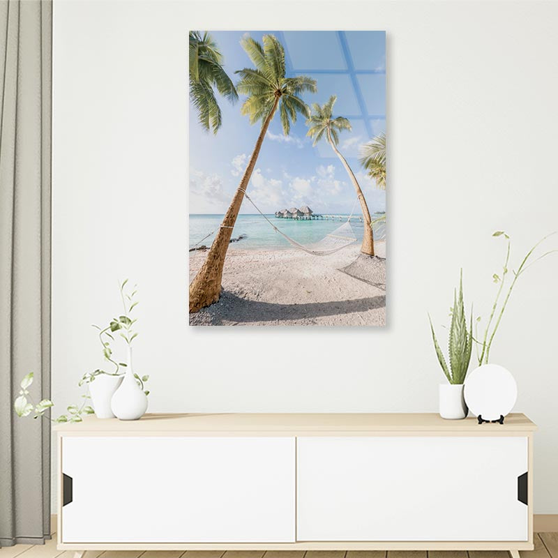 Beach With Palm Trees and Hammock 3D Design Acrylic Glass Print Tempered Glass Wall Art 100% Made in Australia Ready to Hang