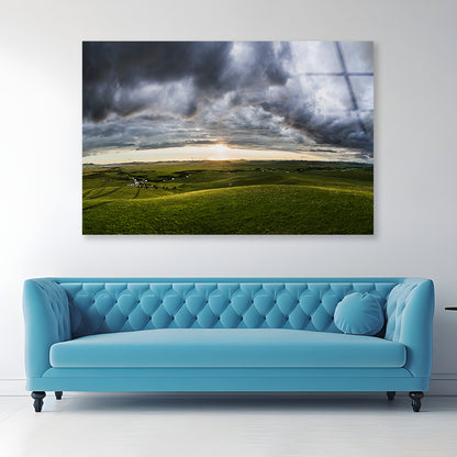 A Large Green Grassland with Clouds in the Sky Acrylic Glass Print Tempered Glass Wall Art 100% Made in Australia Ready to Hang