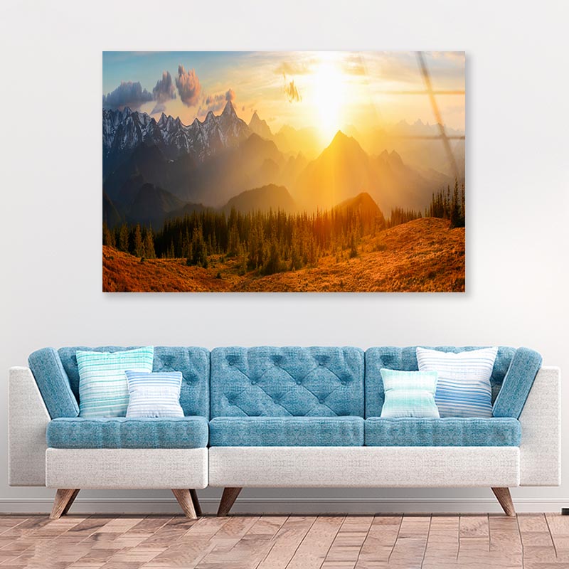 Mountain & Forest Sunset Sky View  Acrylic Glass Print Tempered Glass Wall Art 100% Made in Australia Ready to Hang